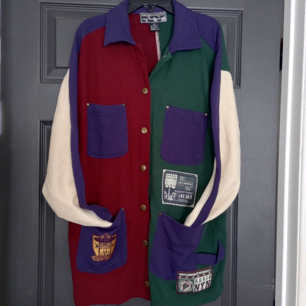 80s Color Block Over Sized Cardigan Duster Eclectic Patchwork Journalist Jacket